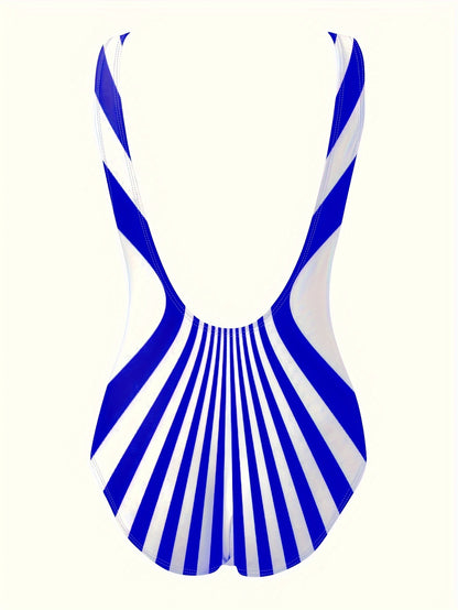 One-piece Retro Striped Color Block Backless Swimsuit