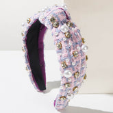 Classic Tweed Fabric Knotted Headband with Pearl and Rhinestone