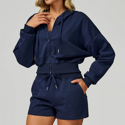 Long Sleeve Full Zip Up Crop Drawstring Hoodie Jacket