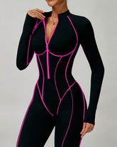 Three Dimensional Line Sports Backless Long Sleeve Jumpsuit