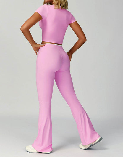 2 Pieces Activewear Set with Bow Crop Tops and Flare Pants
