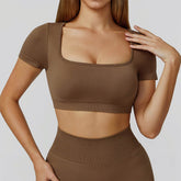 Short Sleeve Crop Top Yoga T-Shirt with Built in Bra