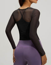 Long Sleeve Athletic Tops Yoga Wrap Mesh Shirts
