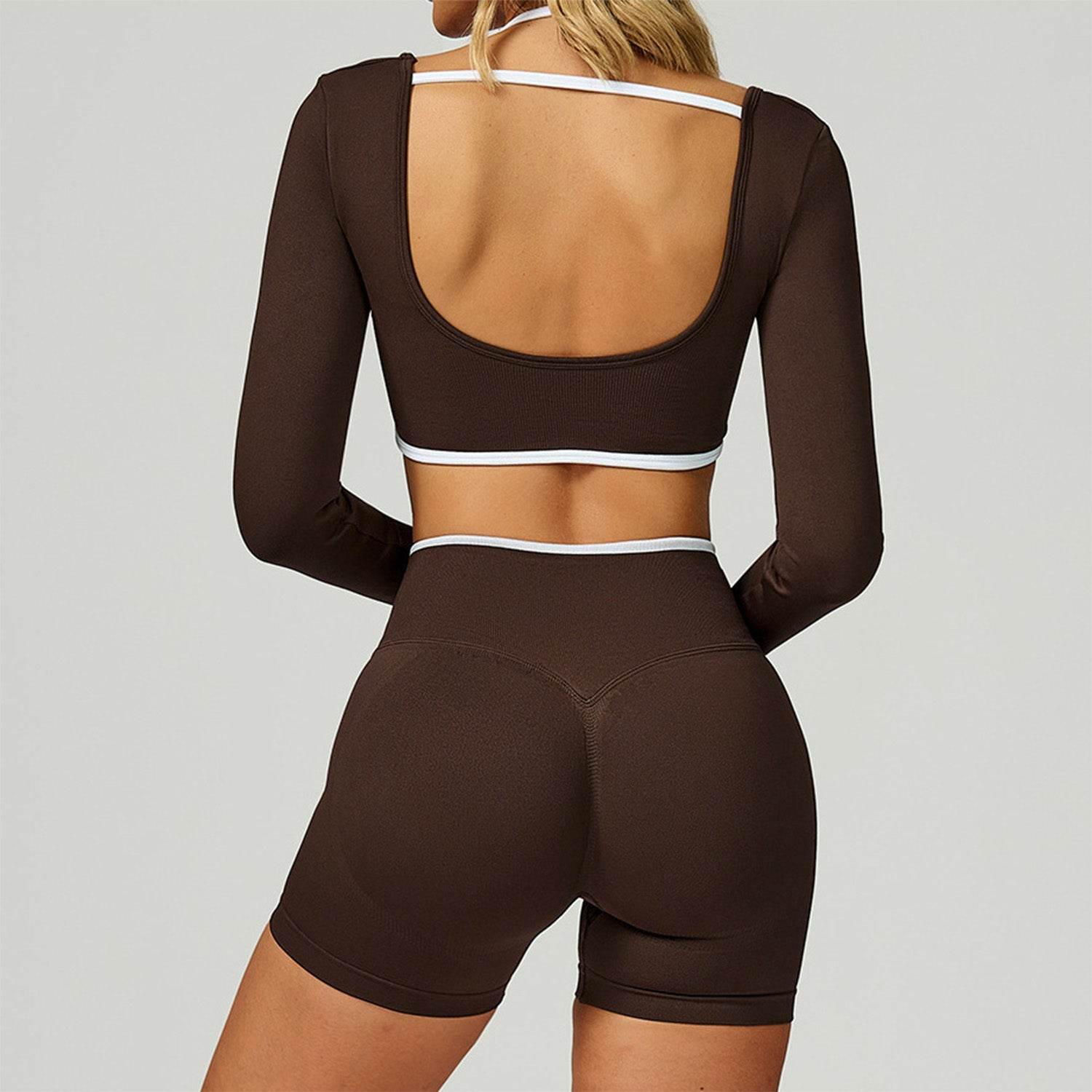 Backless Long Sleeve Workout Crop Top Gym Shirt with Halter