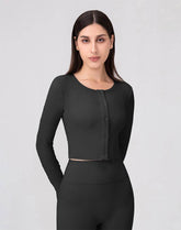 Long Sleeve Button Up Cropped Cardigan Crew Neck Tops