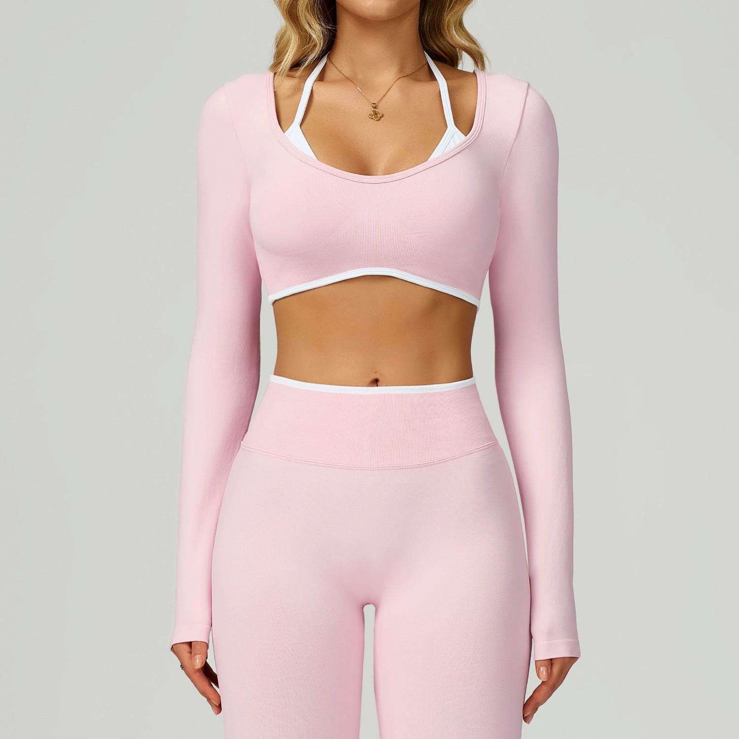Backless Long Sleeve Workout Crop Top Gym Shirt with Halter