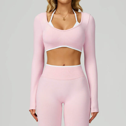 Backless Long Sleeve Workout Crop Top Gym Shirt with Halter