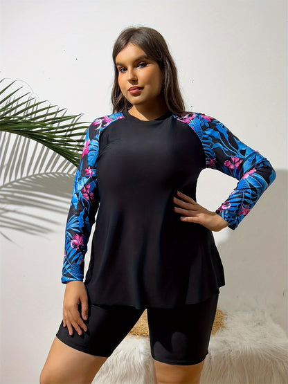 Plus Size Tropical Long Sleeves Swimwear Set