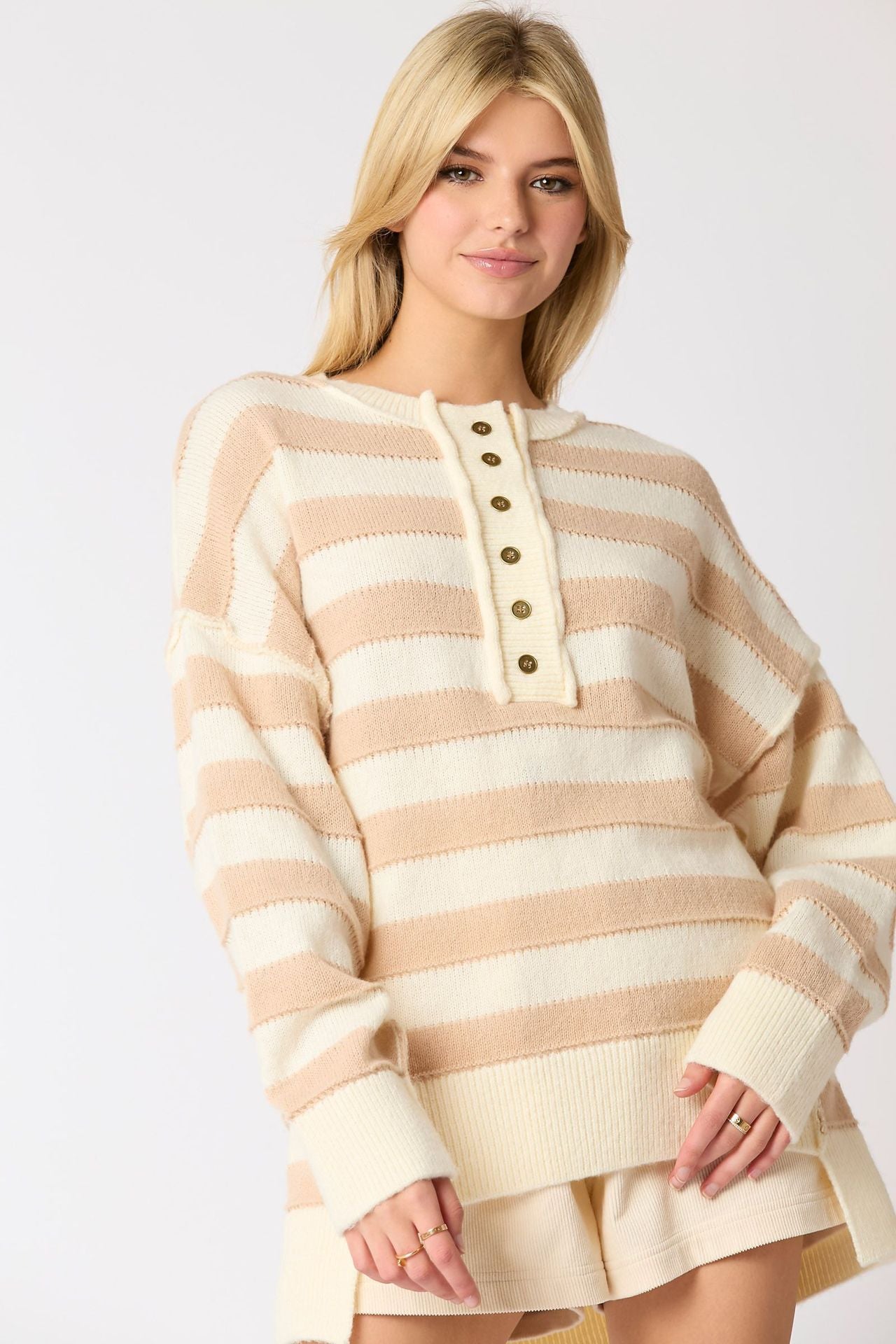 Long Sleeve Button Striped Pullover Sweater | Stylish &amp; Versatile