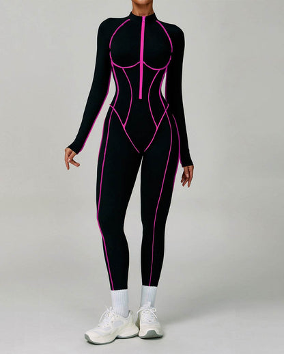 Three Dimensional Line Sports Backless Long Sleeve Jumpsuit