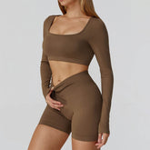 Long Sleeve Crop Top Yoga T-Shirt with Built in Bra