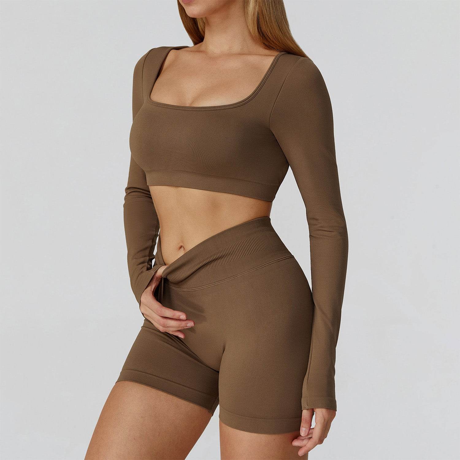 Long Sleeve Crop Top Yoga T-Shirt with Built in Bra