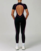 Three Dimensional Line Sports Backless Short Sleeve Jumpsuit