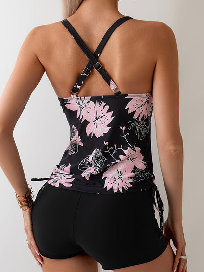 Floral Print Drawstring Criss Cross 2 Piece Tankini Set