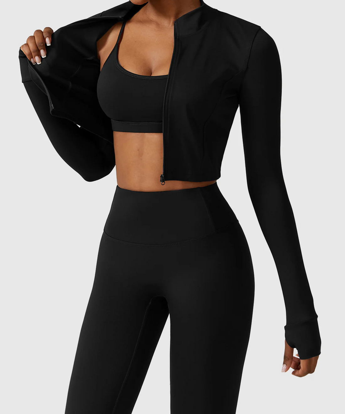 3 Pieces Workout Sets with Full Length Leggings, Scoop Neck Bra and Jacket