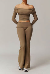 Active Wear Set with Long Sleeve Off Shoulder Crop Top and Flare Pants