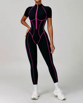 Three Dimensional Line Sports Backless Short Sleeve Jumpsuit