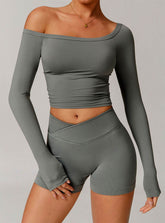 Off Shoulder Long Sleeve Basic Sports T-Shirts