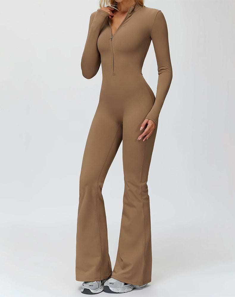Long Sleeve Flare Workout Jumpsuit Zip Up Wide Leg Bodysuit