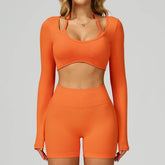 Backless Long Sleeve Workout Crop Top Gym Shirt with Halter