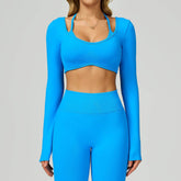 Backless Long Sleeve Workout Crop Top Gym Shirt with Halter