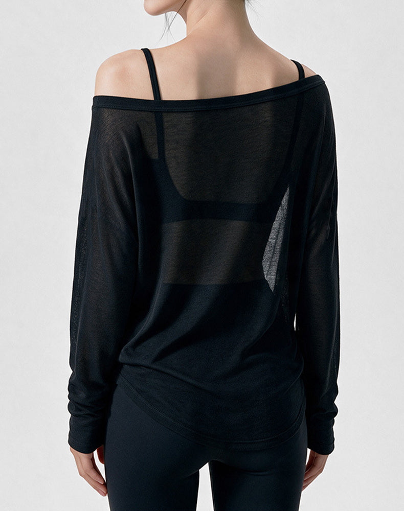 Off Shoulder Long Sleeve Sheer Mesh Yoga Tops