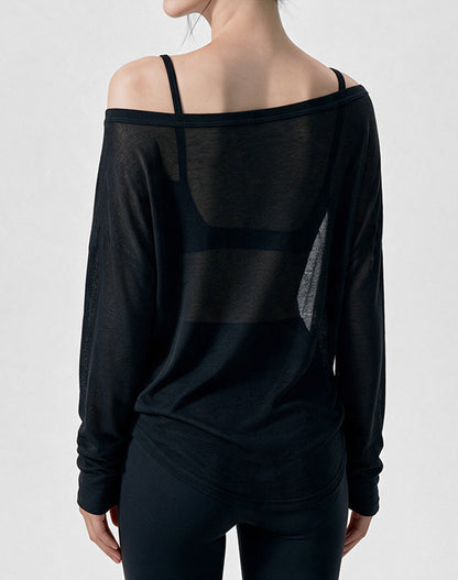 Off Shoulder Long Sleeve Sheer Mesh Yoga Tops