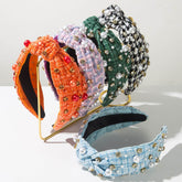 Classic Tweed Fabric Knotted Headband with Pearl and Rhinestone