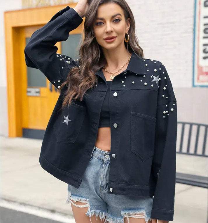 Cropped Jean Jacket | Embellished with Pearls and Star Designs