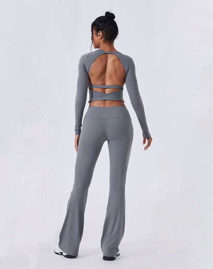 Activewear Set with Backless Top and Low-Waisted Flare Pant