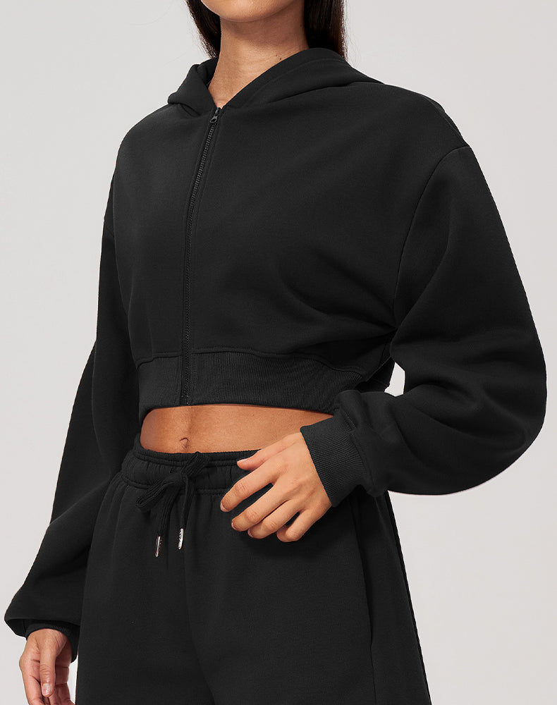 Long Sleeve Full Zip Cropped Casual Hooded