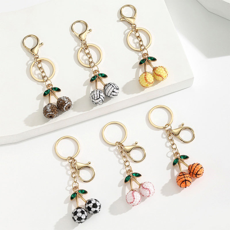 Rhinestone Sports Ball Cherry Keychain Key Ring Bag Charm