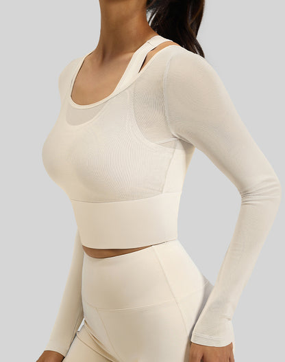 Long Sleeve Yoga Crop Tops Mesh Athletic T-Shirts
