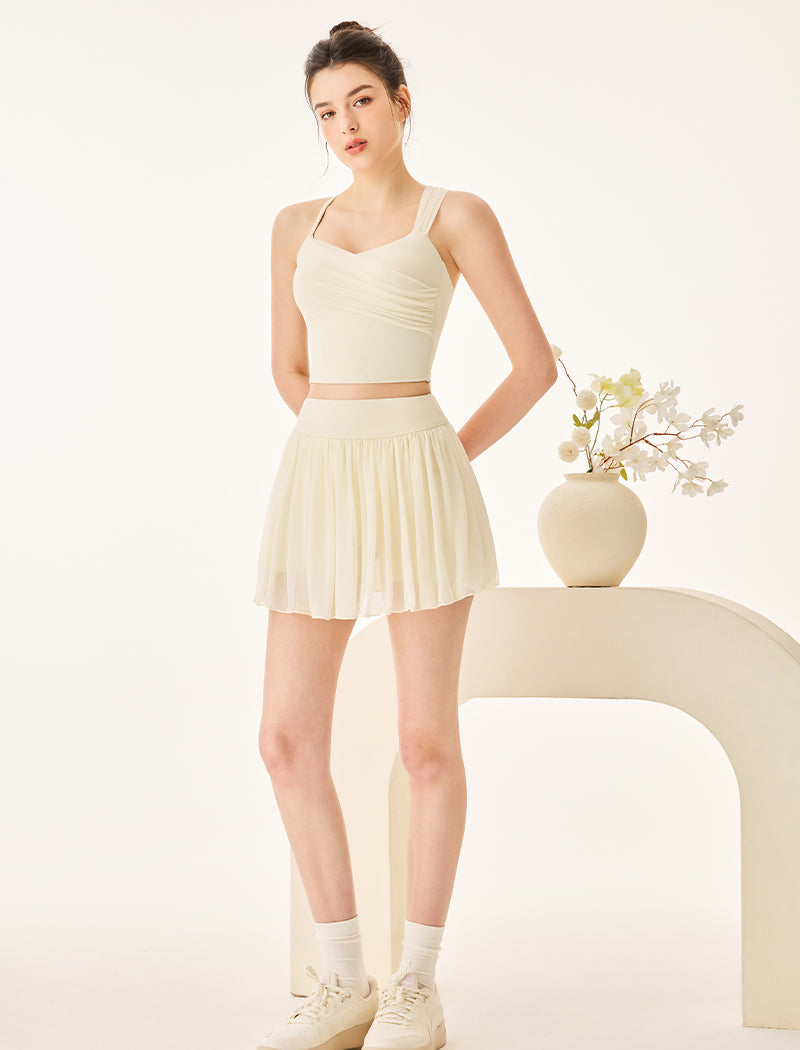Mesh Tennis Set with Asymmetrical Strap Tank Top and Skirt