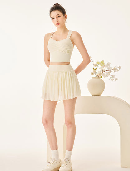 Mesh Tennis Set with Asymmetrical Strap Tank Top and Skirt