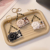 Metal Camellia Flower Mini Diamond Bag Shape Keychain