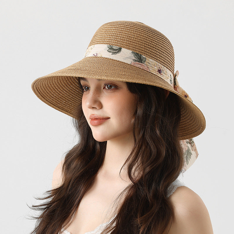 Summer Beach Straw Bucket Hat with Bow Tie