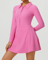 Long Sleeve Zip Polo Collar Tennis Dress with Built in Short