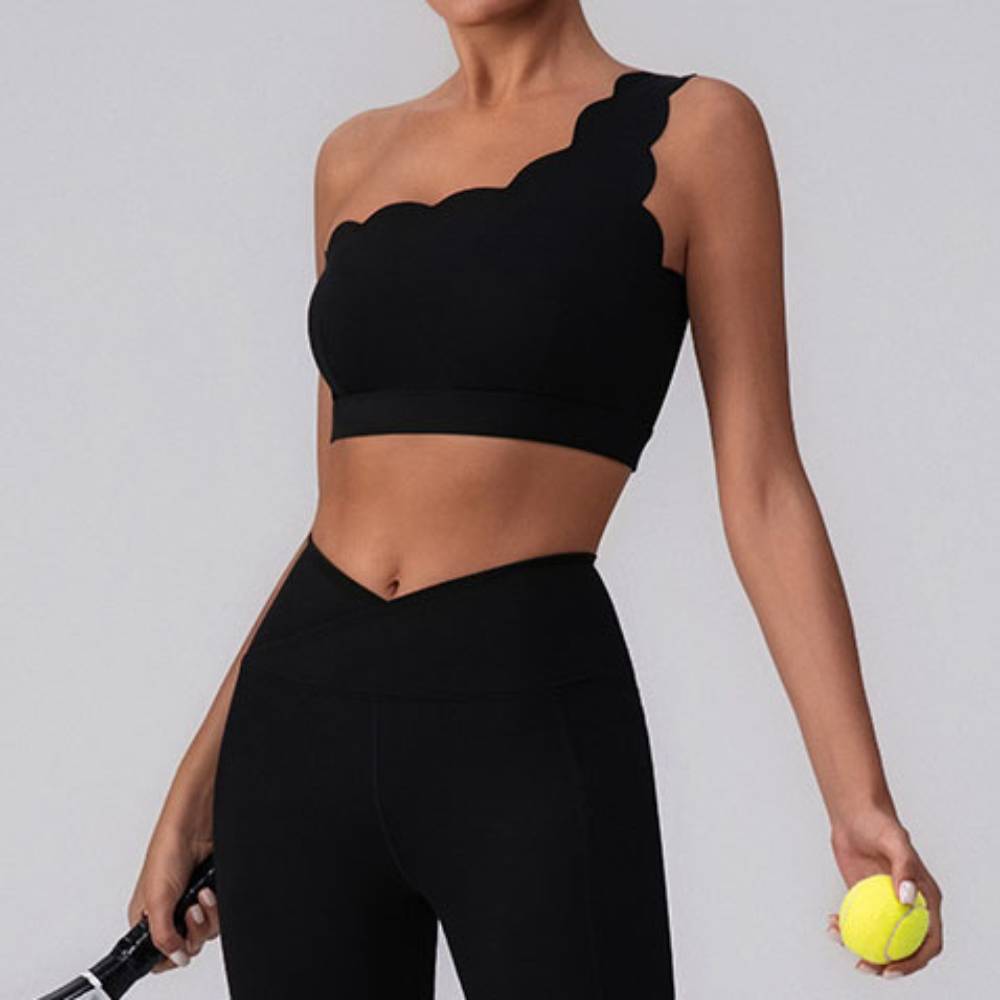 Wavy One Shoulder Sports Bra Tank Top with Removable Pads