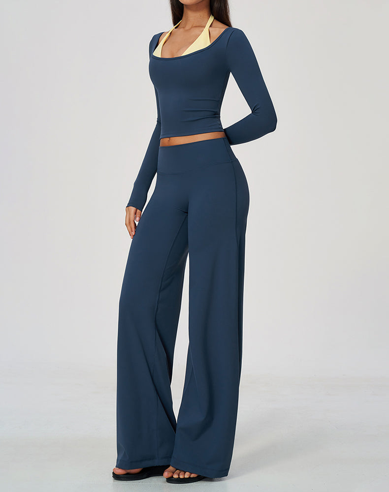 2 Piece Long Sleeve Sports T-Shirt and Wide Leg Pant