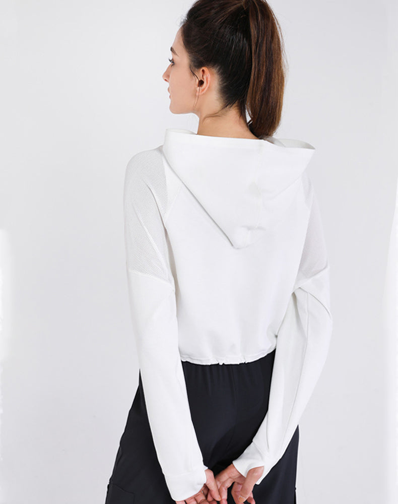 Drawstring Cropped Hoodies with Thumb Holes