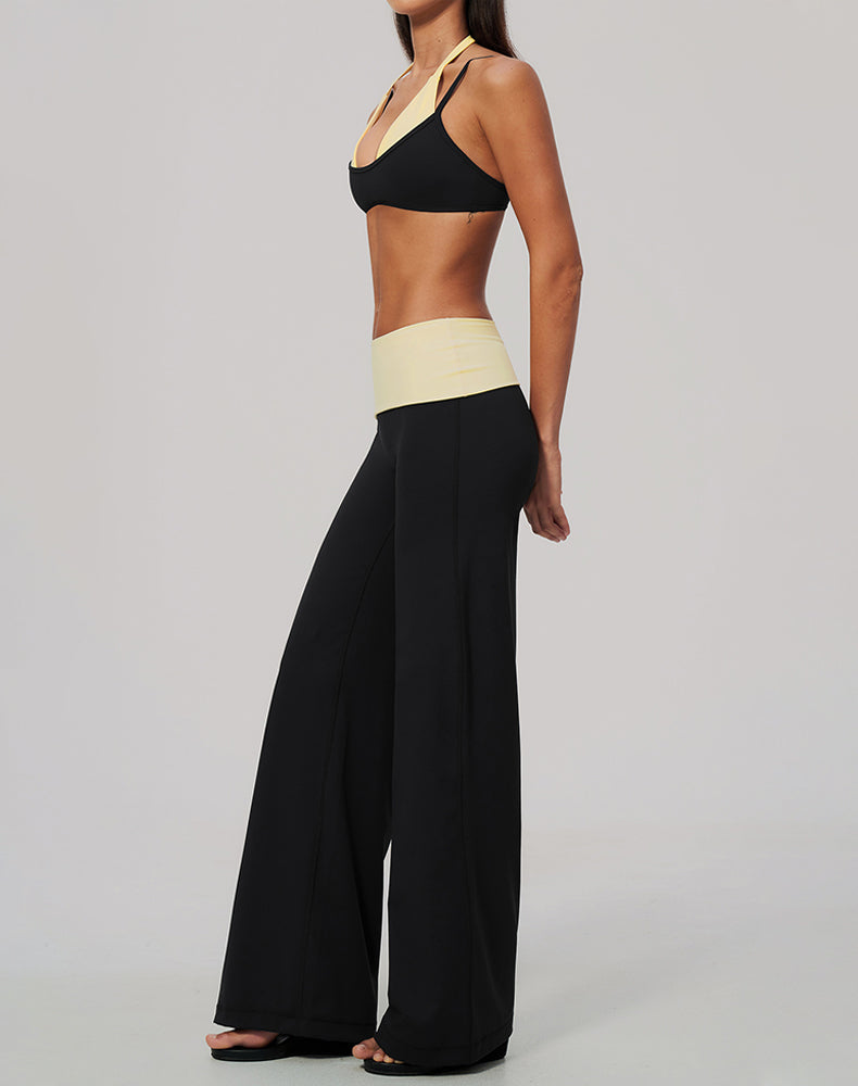 2 Piece Color Block Sports Bra and Fold Over Flare Pant Sets