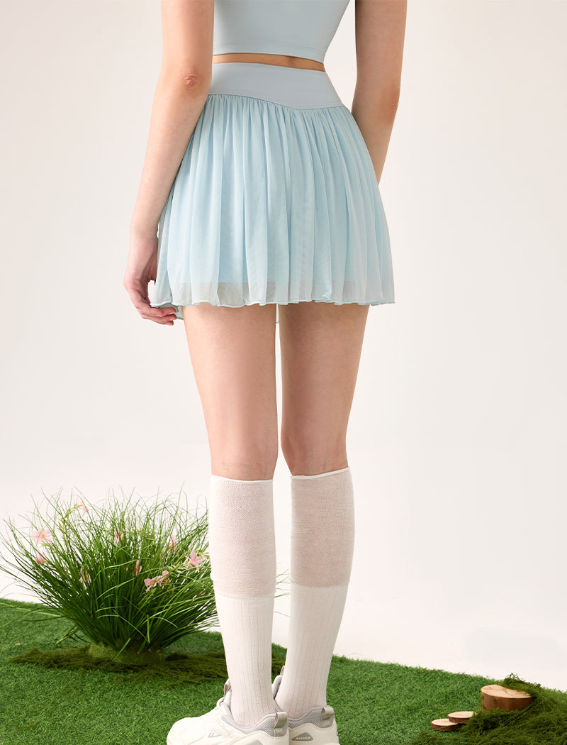 Mesh Sheer Pleated Skirt Tulle Skirt with Short and Pocket