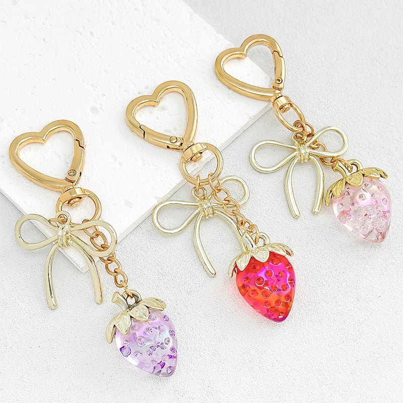 Strawberry Bow Keychain Clear Purple Cute Bag Heart Charms