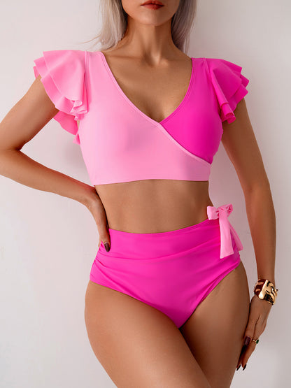 Ruffled Sleeves Color Block Bikini Sets