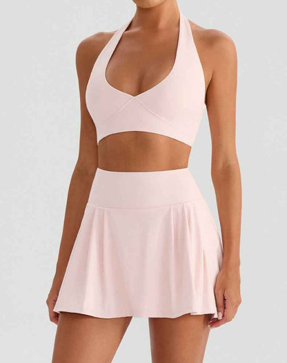 Tennis Sets with Halter Sports Bra and Golf Pleated Skirt