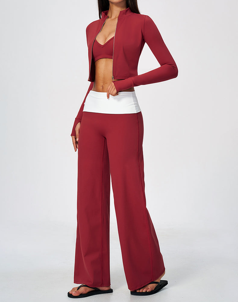 3 Piece Sports Bra Cropped Jacket and Fold Over Flare Pant