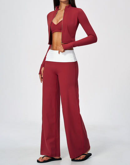 3 Piece Sports Bra Cropped Jacket and Fold Over Flare Pant