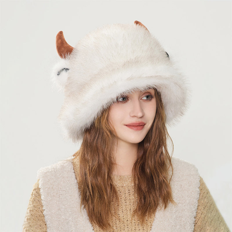 Winter Faux Fur Cow Bucket Hat Fuzzy Cute Animal Horns Cap