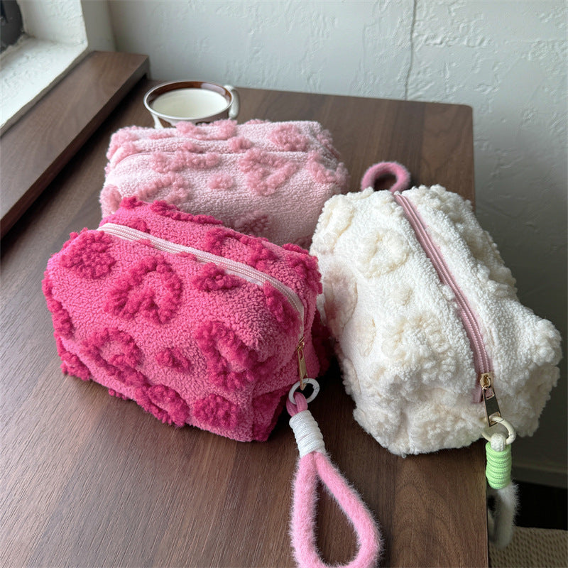 Cute Plush Heart Cosmetic Bag with Hanging Lanyard